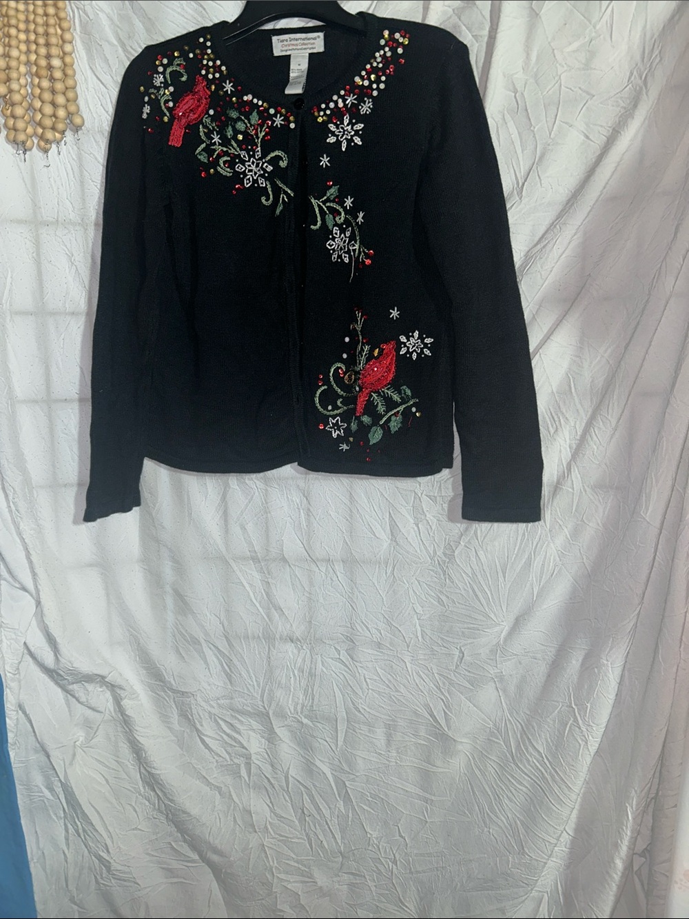 Embroidered Black Cardigan with Red Bird Accents size medium
